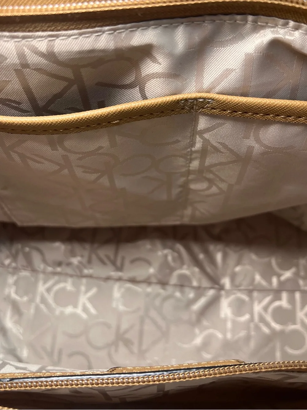 Calvin Klein Cream Monogram Tote with Tan Trim